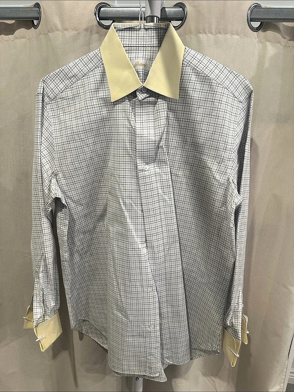 Brioni 100% Cotton Checkered Button Down Shirt in White, Gray & Yellow